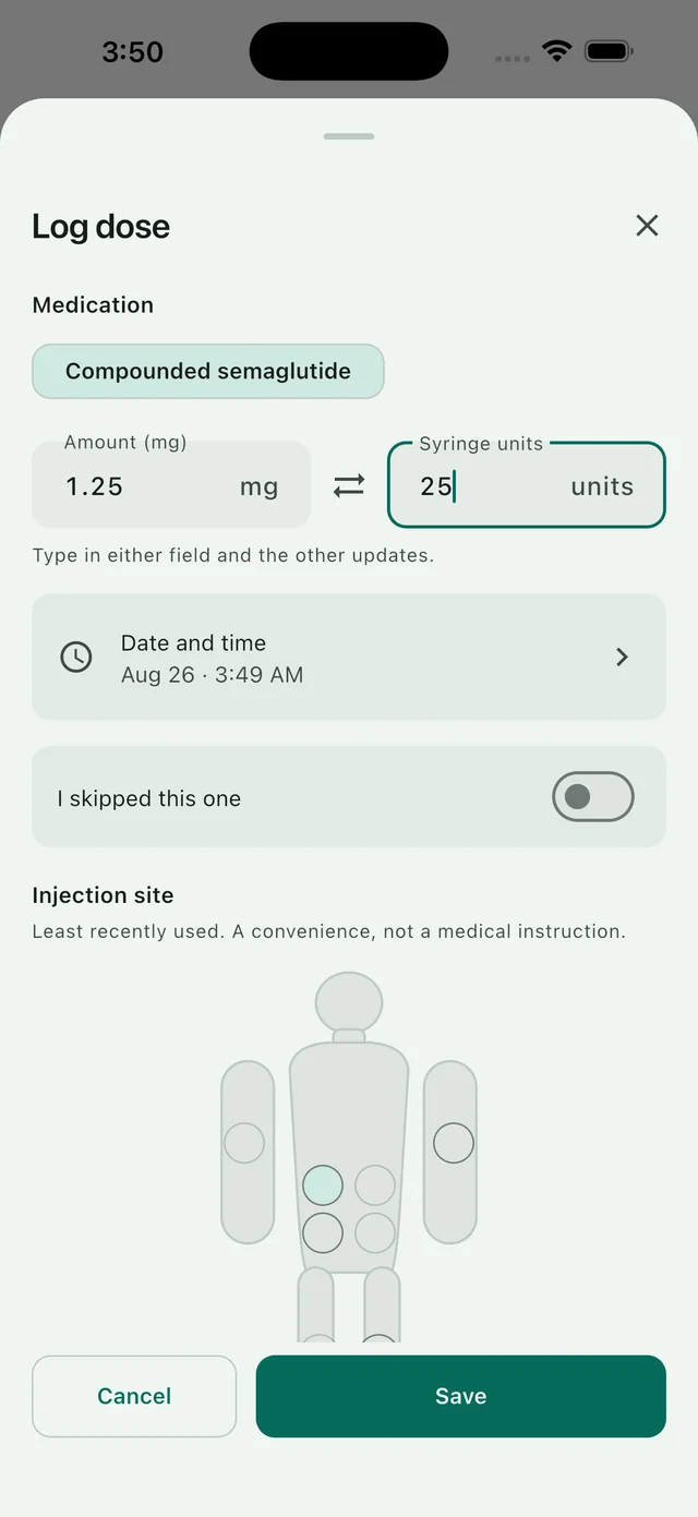 Logging a dose from a vial, showing the same dose expressed in both milligrams and
            syringe units.